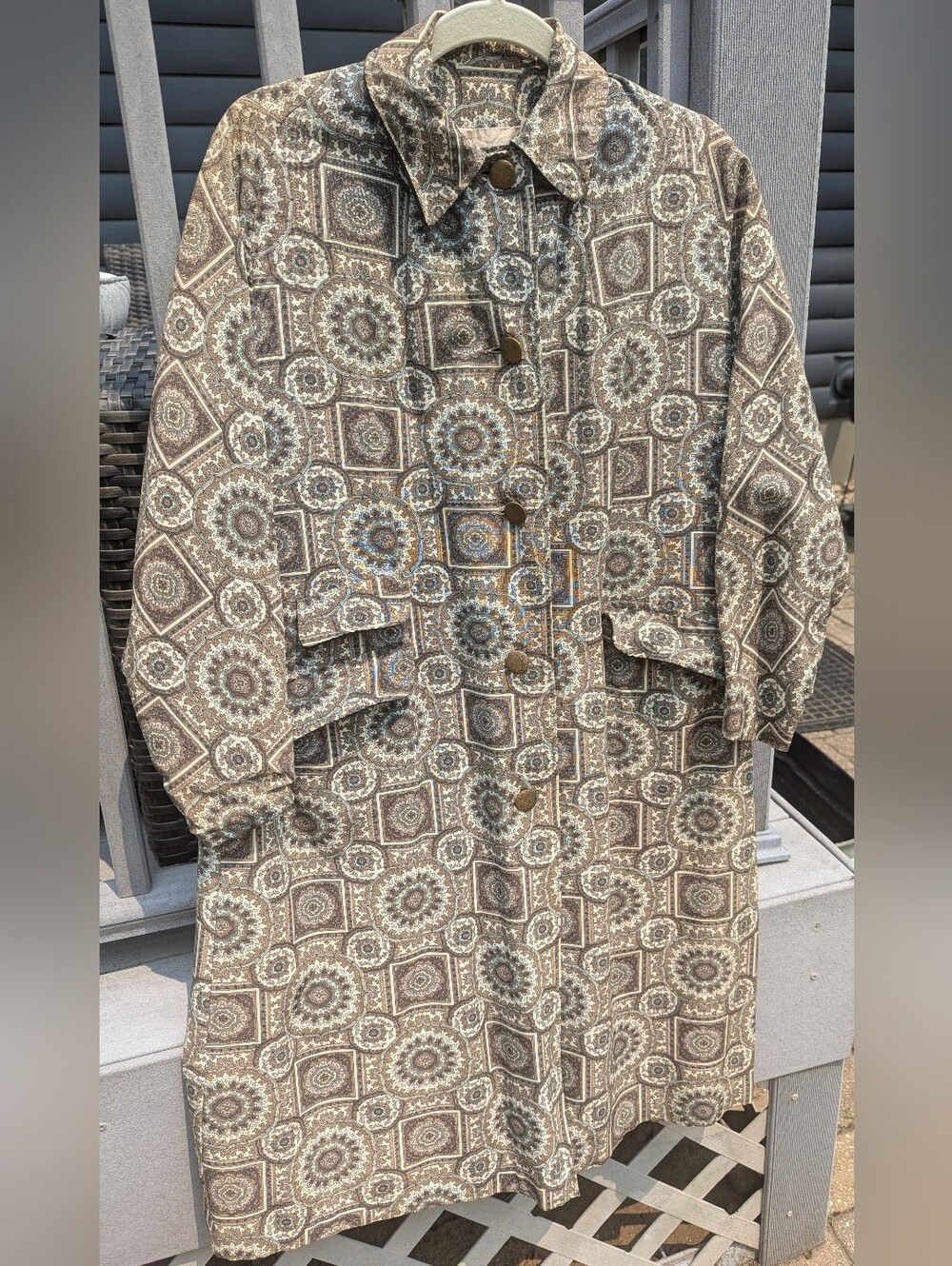 Women's Lanson Vintage 60's Button-Front Print Long Coat in Brown, Purple, Cream